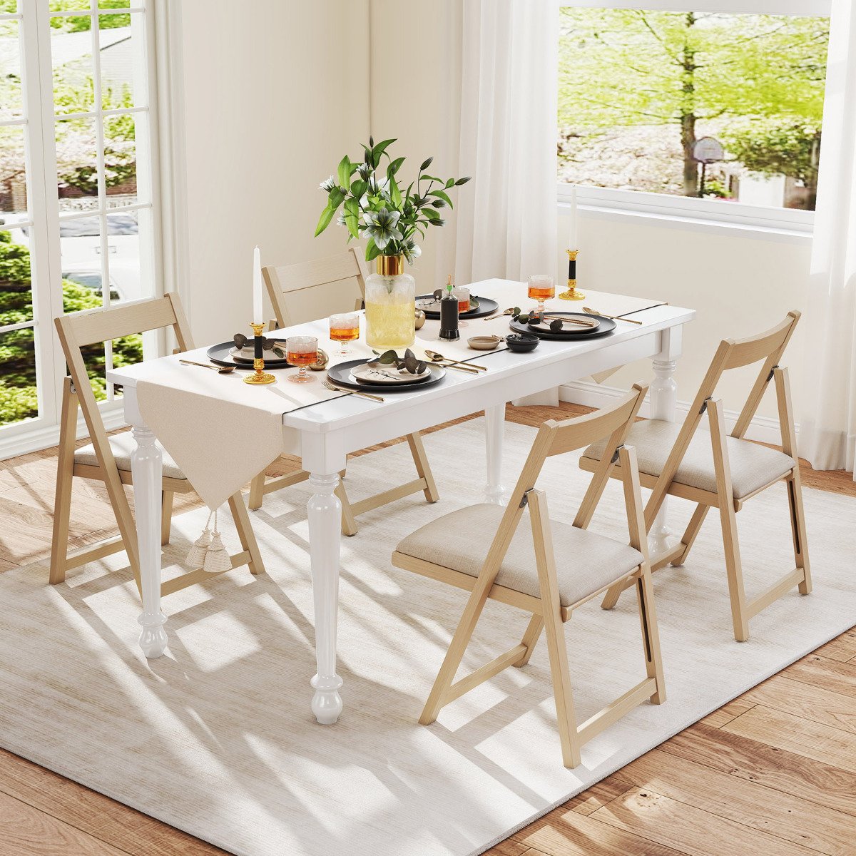 Foldable Dining Chair Set of 4 with Padded Seat and Curved Backrest-Beige
