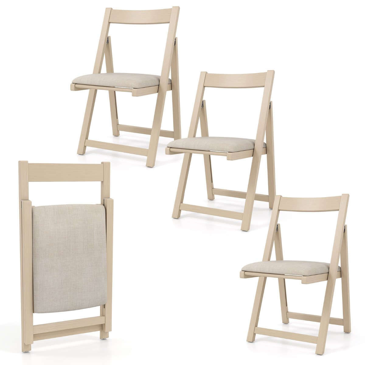 Foldable Dining Chair Set of 4 with Padded Seat and Curved Backrest-Beige