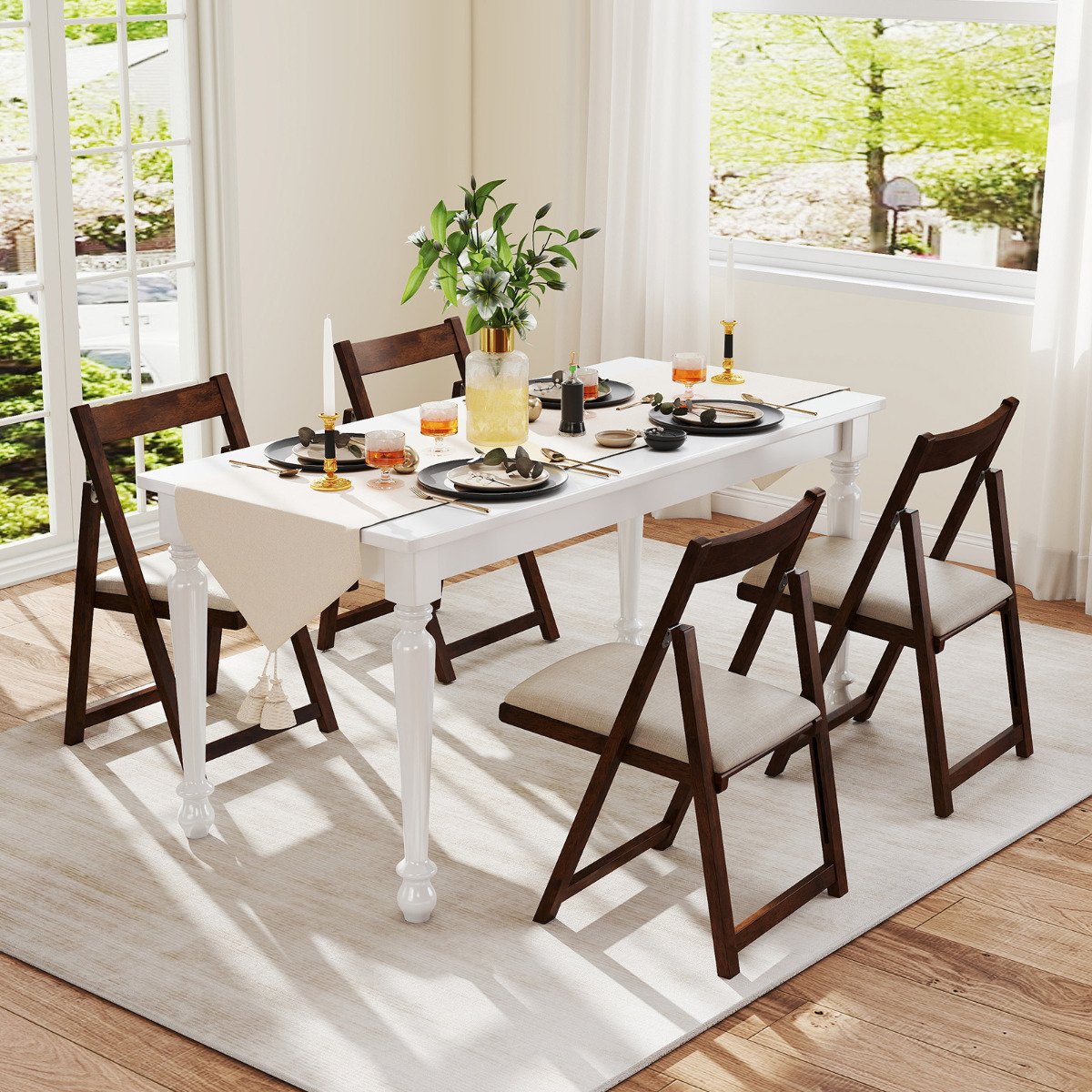 Foldable Dining Chair Set of 4 with Padded Seat and Curved Backrest-Beige