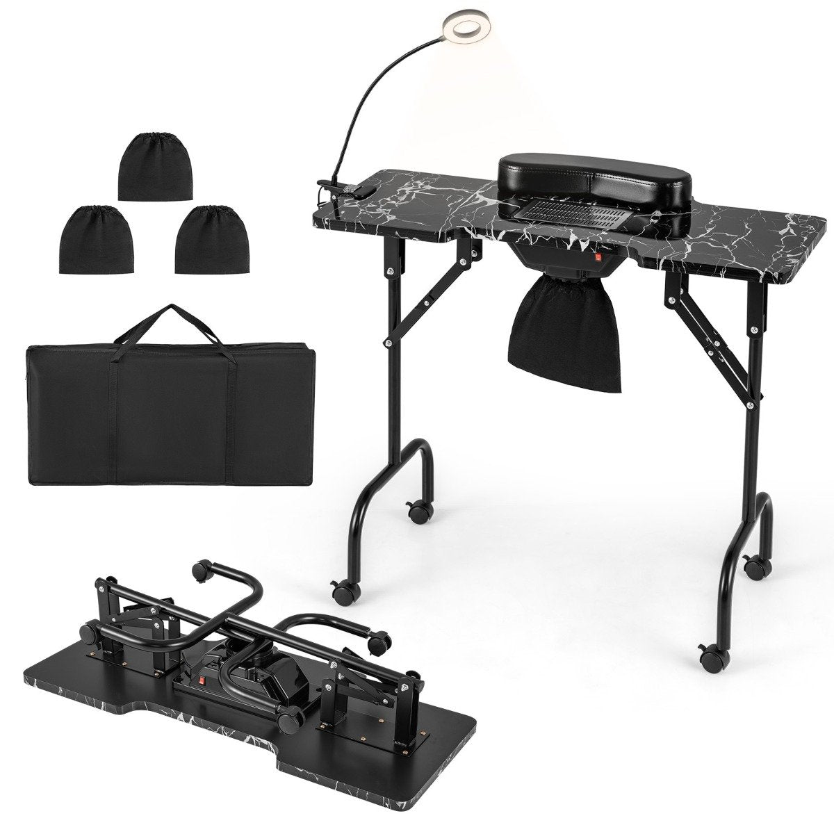 Portable Folding Manicure Nail Table with Electric Dust Collector-Black
