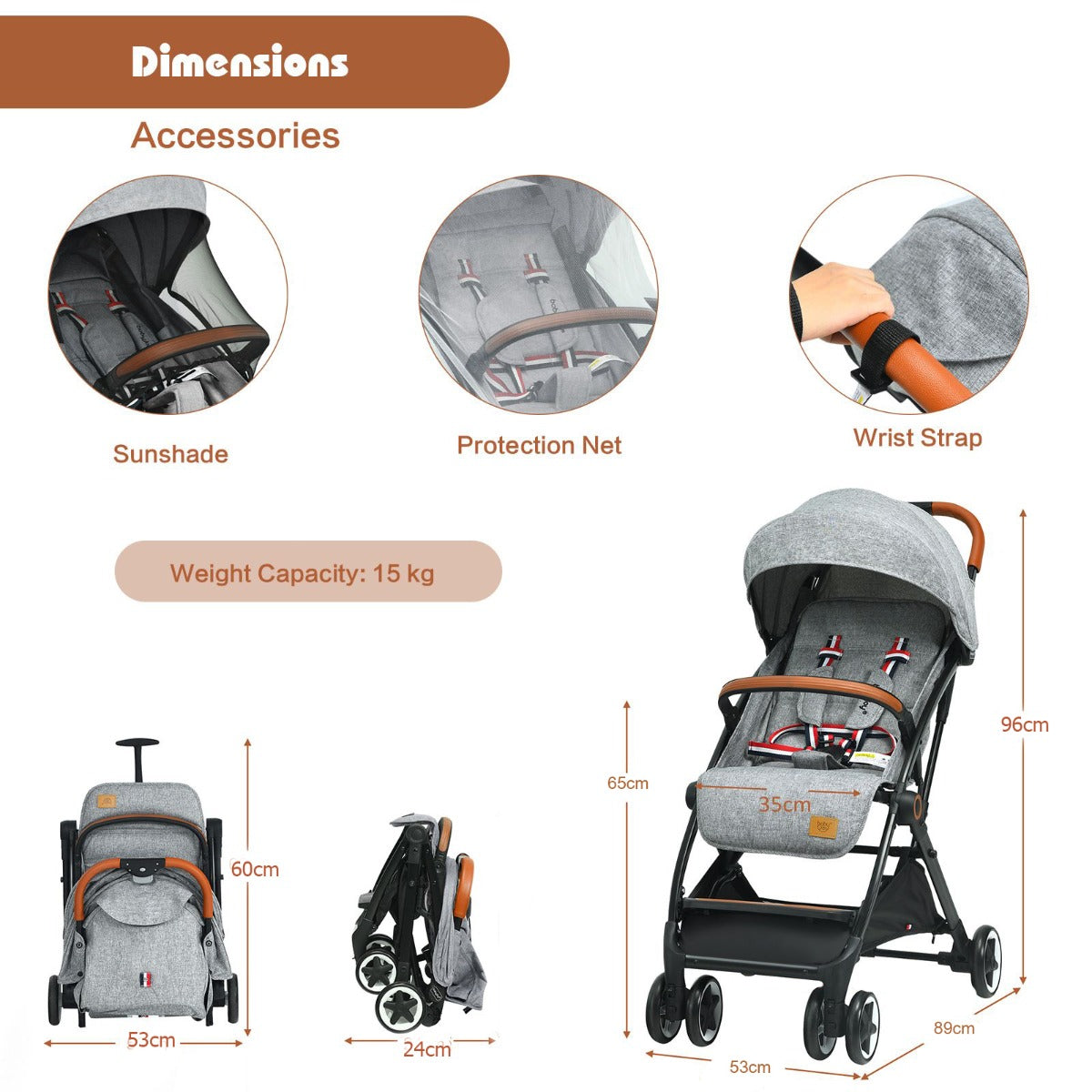 Folding Pushchair with Adjustable Backrest and Footrest-Pink