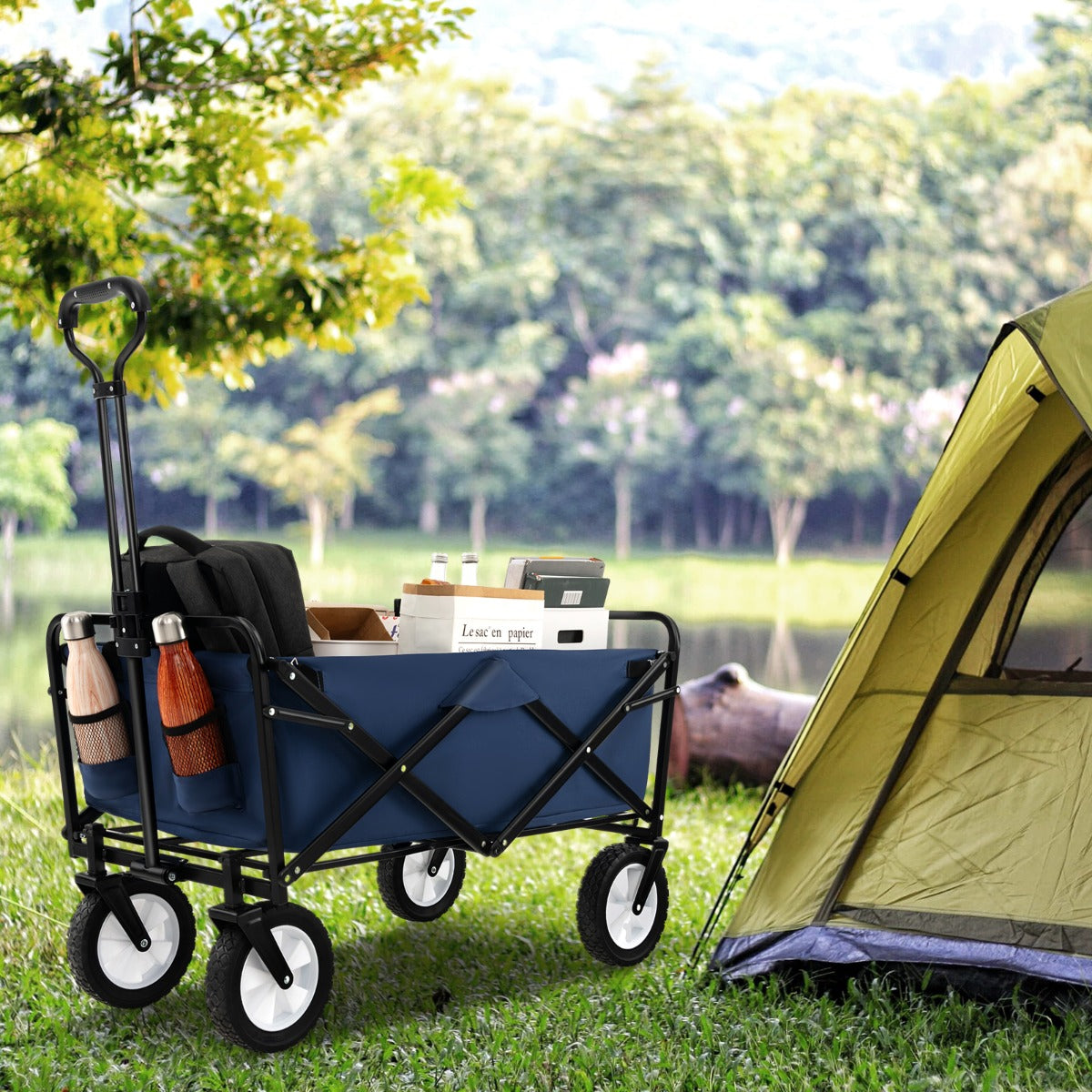 eavy Duty Camping Garden Cart with Adjustable Handle and Drink Holders-Black