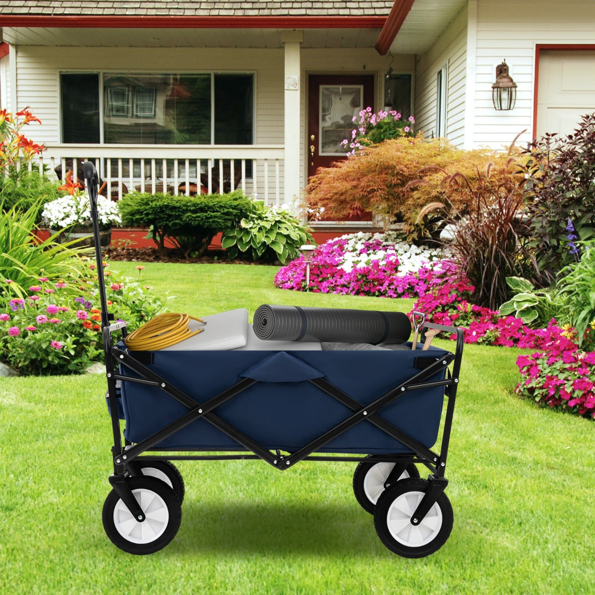 eavy Duty Camping Garden Cart with Adjustable Handle and Drink Holders-Black