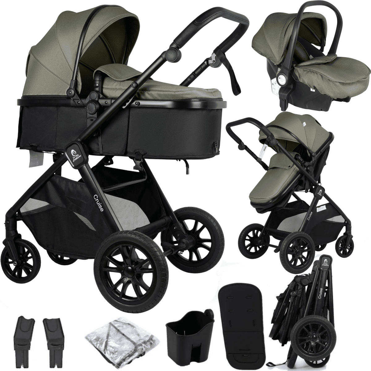 Cruise 3 In 1 Travel System With i-Size Car Seat - Pebble Sage (Free Cupholder And Seat Liner Included)