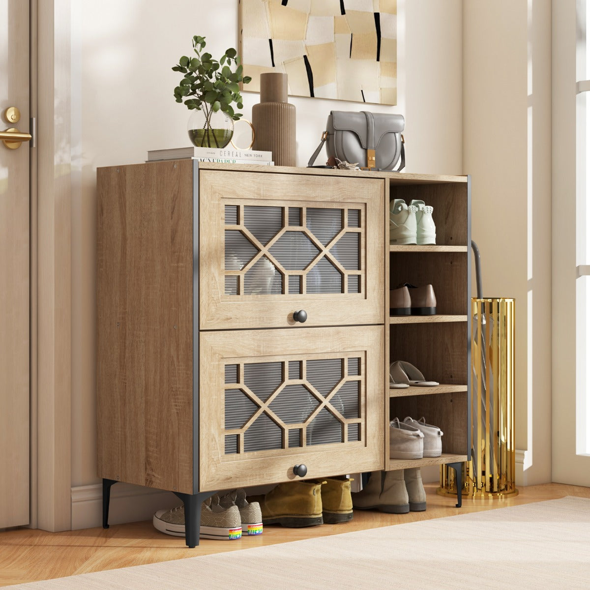 Freestanding Shoe Organizer with Flip Doors Adjustable Shelves-Oak
