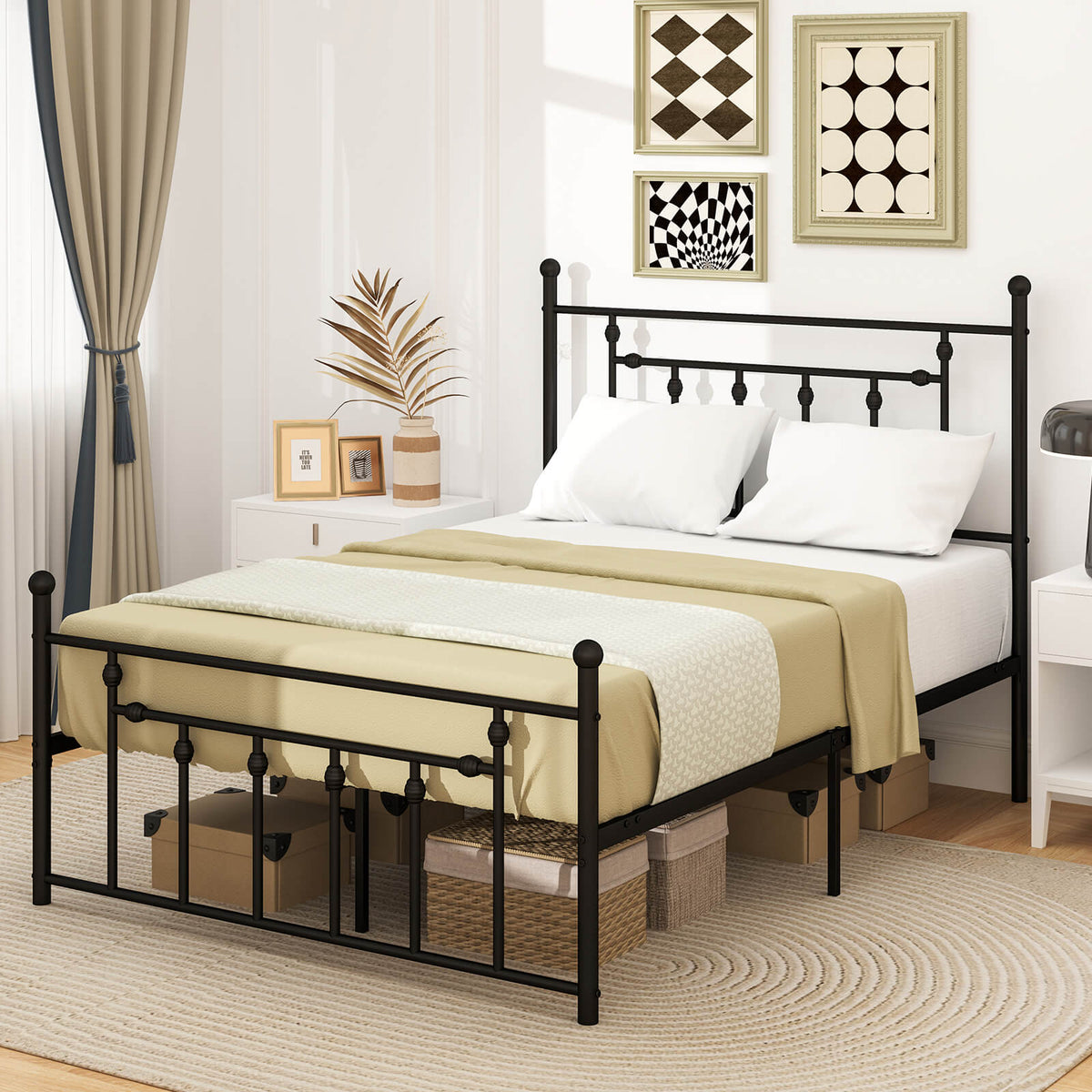 Single/Double/King Size Metal Bed Frame with Headboard-Black-Single Size