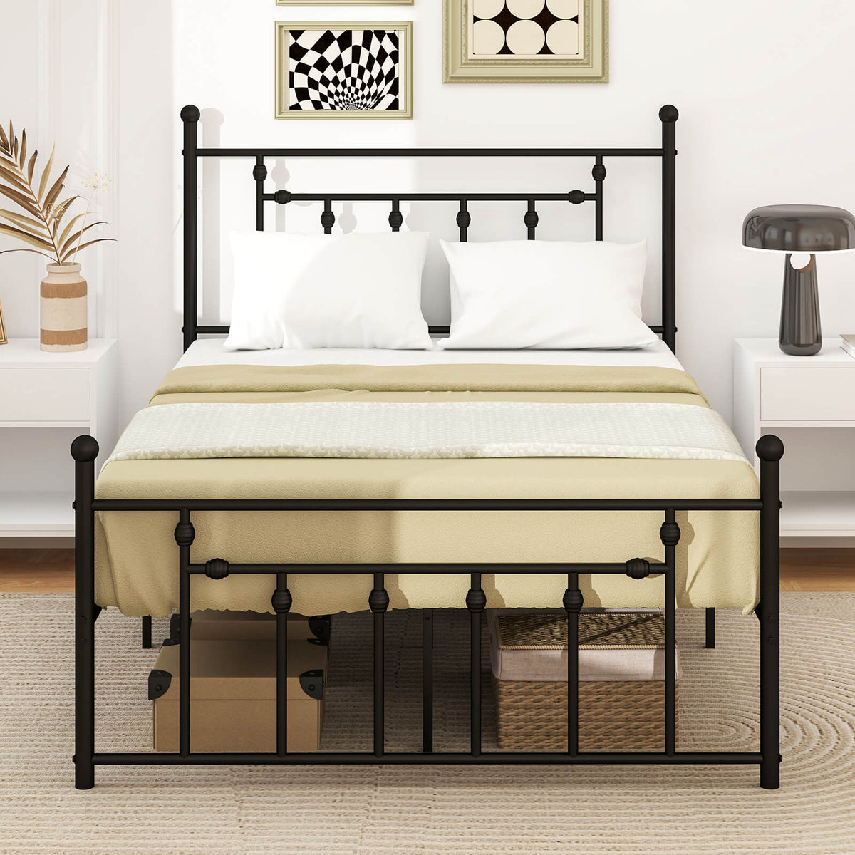 Single/Double/King Size Metal Bed Frame with Headboard-Black-Single Size