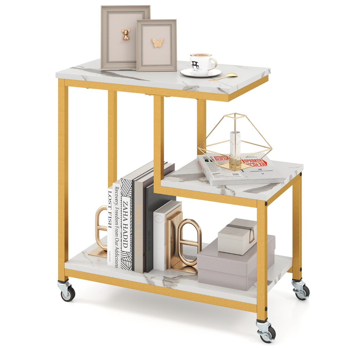 3-Tier Small Sofa Couch Side Table with Lockable Casters for Living Room-White