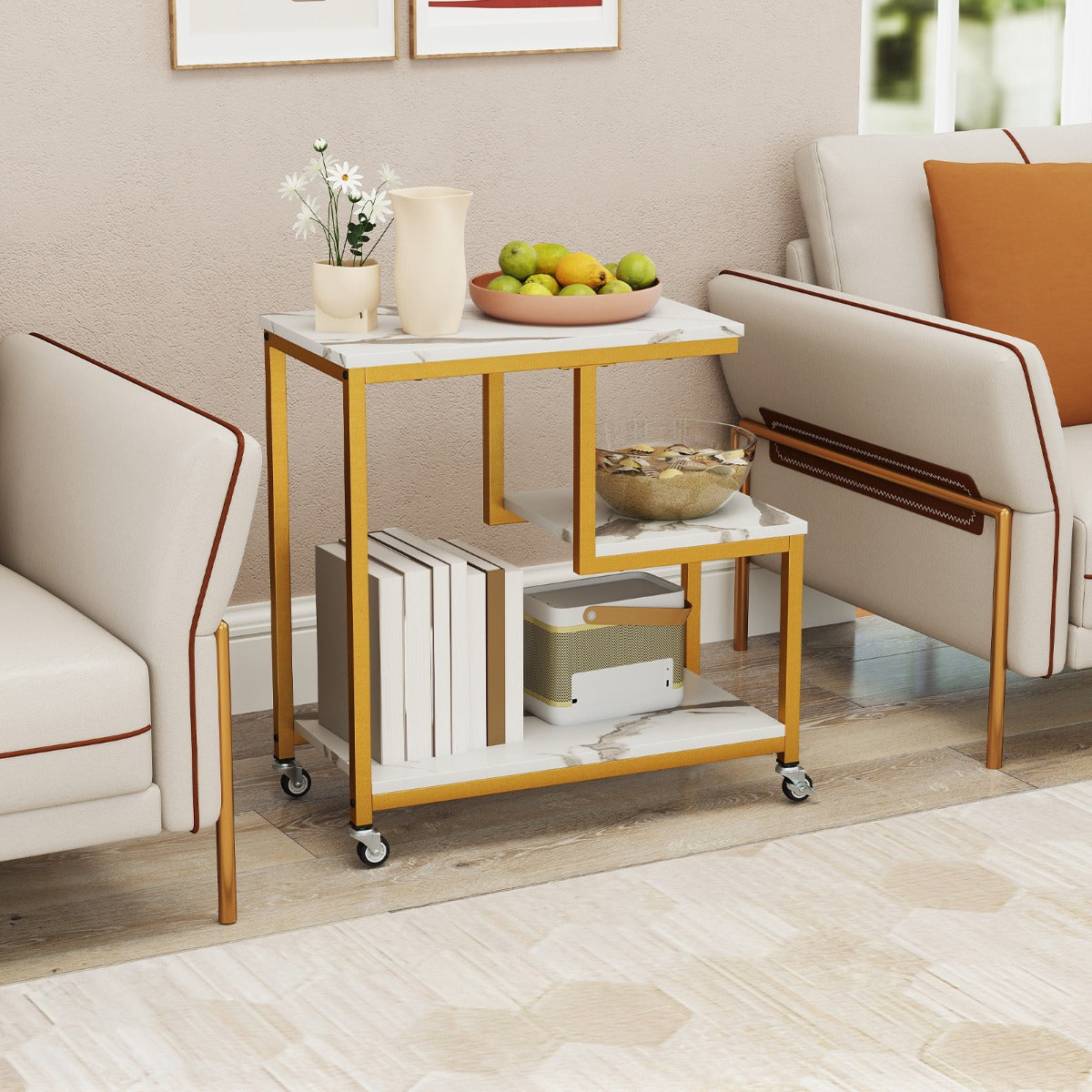 3-Tier Small Sofa Couch Side Table with Lockable Casters for Living Room-White