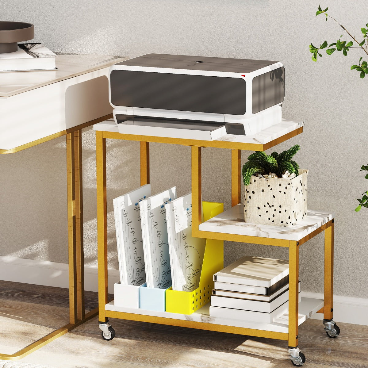 3-Tier Small Sofa Couch Side Table with Lockable Casters for Living Room-White