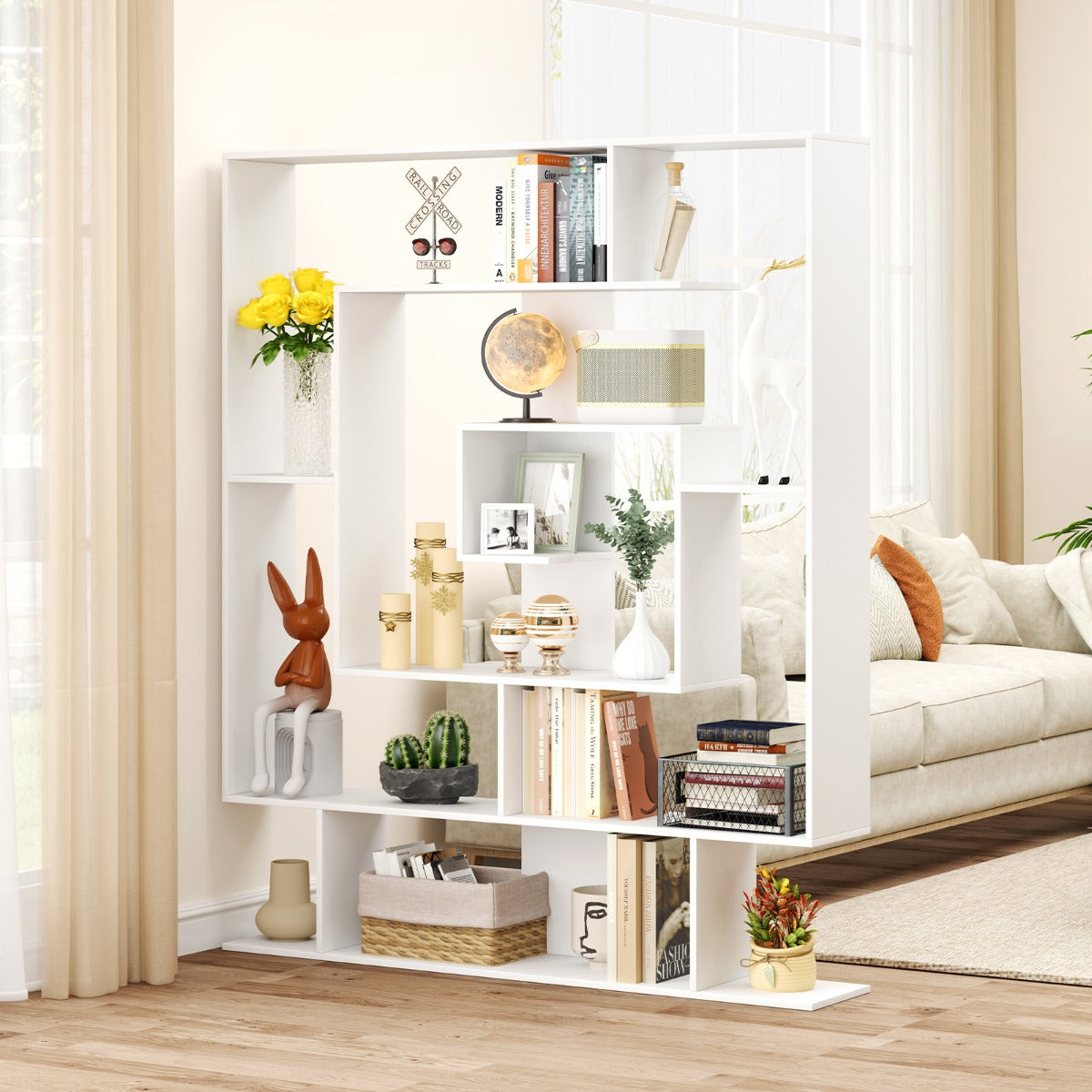 7-Tier Geometric Bookshelf with 2 Anti-Tipping Kits-Rustic Brown