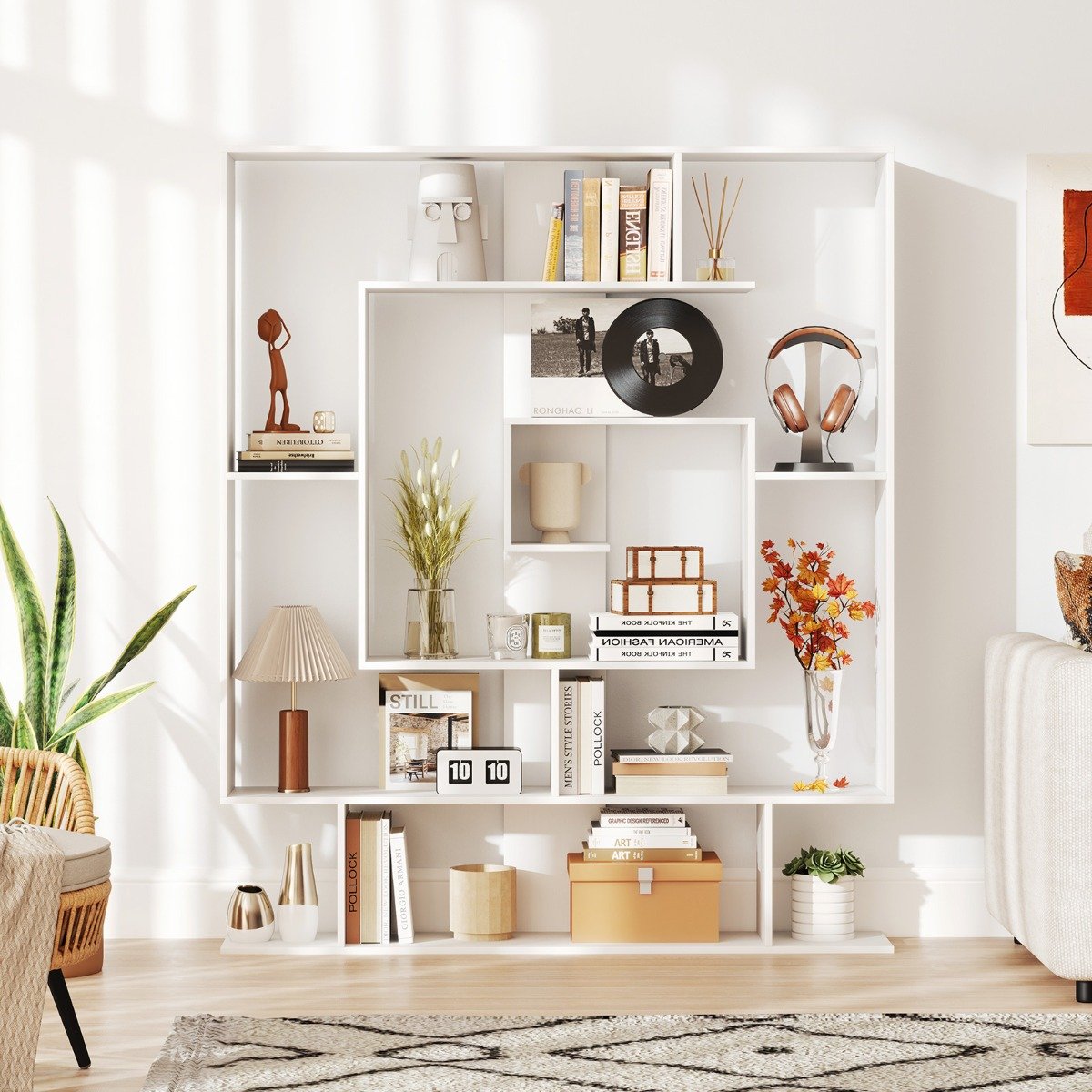 7-Tier Geometric Bookshelf with 2 Anti-Tipping Kits-Rustic Brown