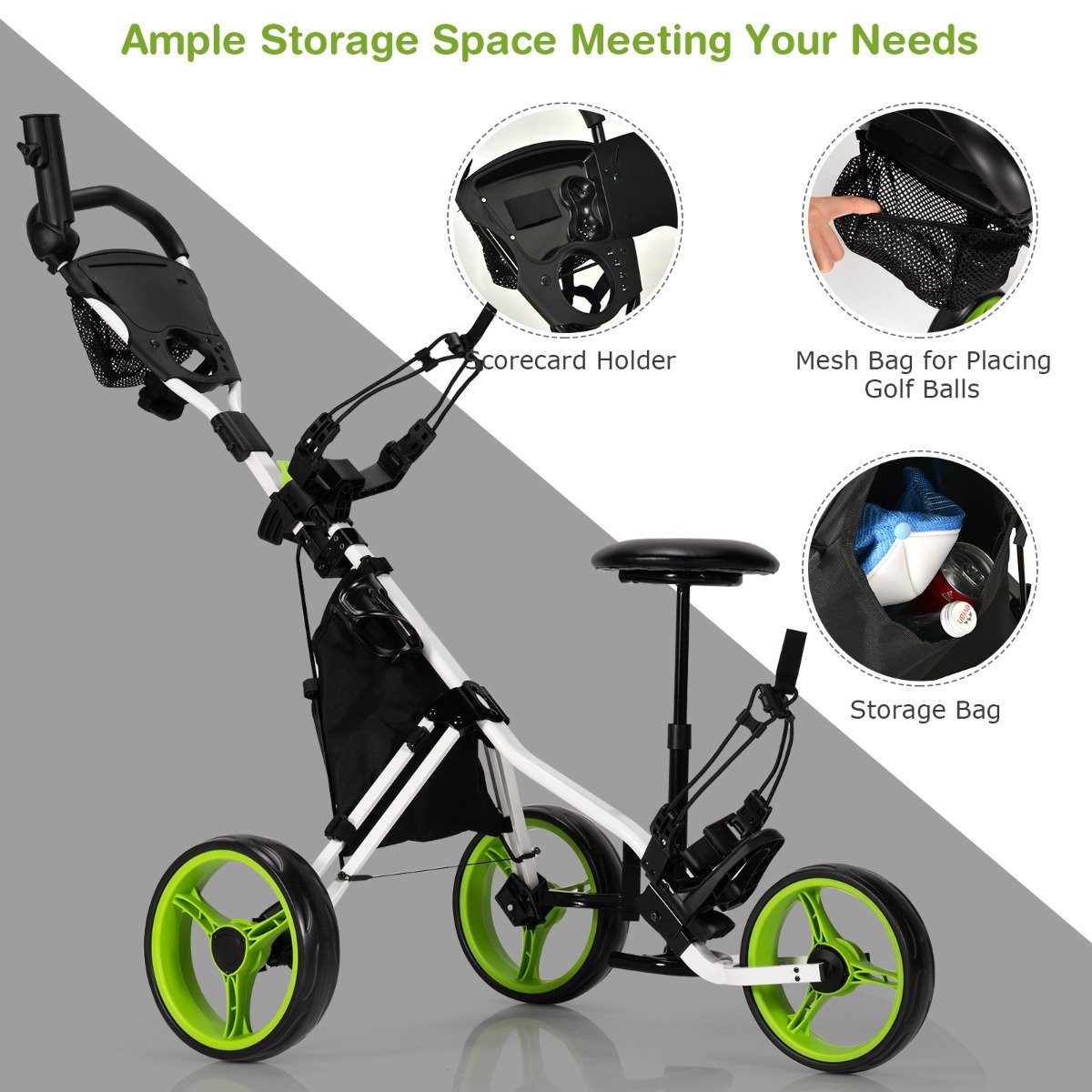 Golf Push Pull Cart with Storage Bag and Foot Brake-Blue