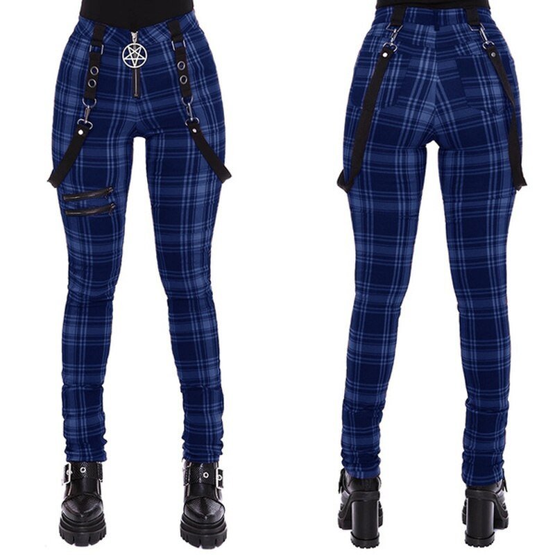 Gothic Pants Women Fashion High Waist Zipper Blue Plaid Punk Style Pants Streetwear fashion Casual Ladies Trousers
