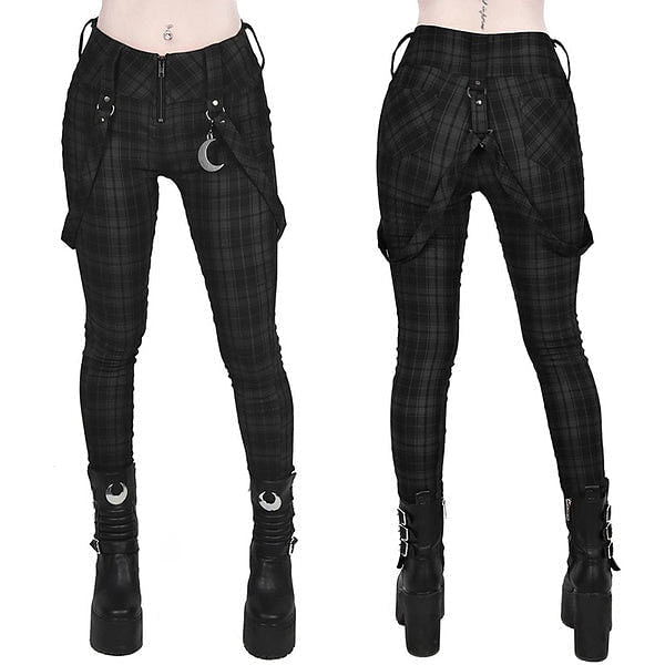 Gothic Pants Women Fashion High Waist Zipper Grey Plaid Punk Style Pants Streetwear fashion Casual Ladies Trousers