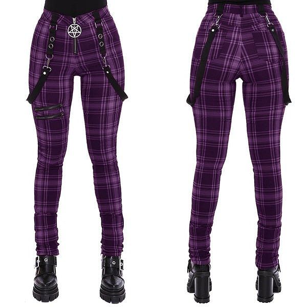 Gothic Pants Women Fashion High Waist Zipper Purple Plaid Punk Style Pants Streetwear fashion Casual Ladies Trousers
