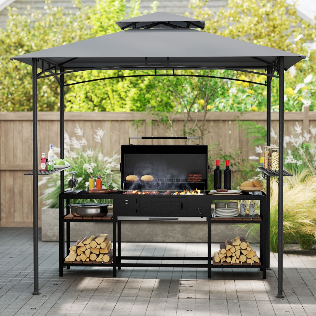 242 x 150 cm Grill Gazebo with 2 Shelves and 6 Hooks-Grey