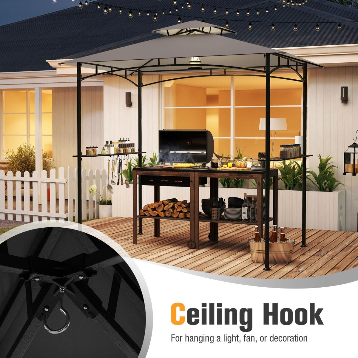 242 x 150 cm Grill Gazebo with 2 Shelves and 6 Hooks-Grey