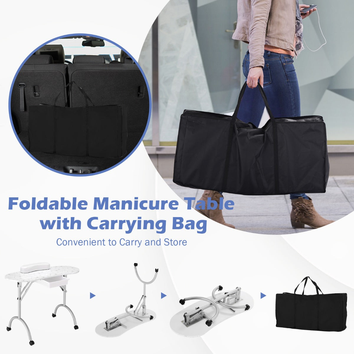 Portable Nail Table Station Manicure Tech Desk Nails Art Table 4 Rolling Wheels-Black