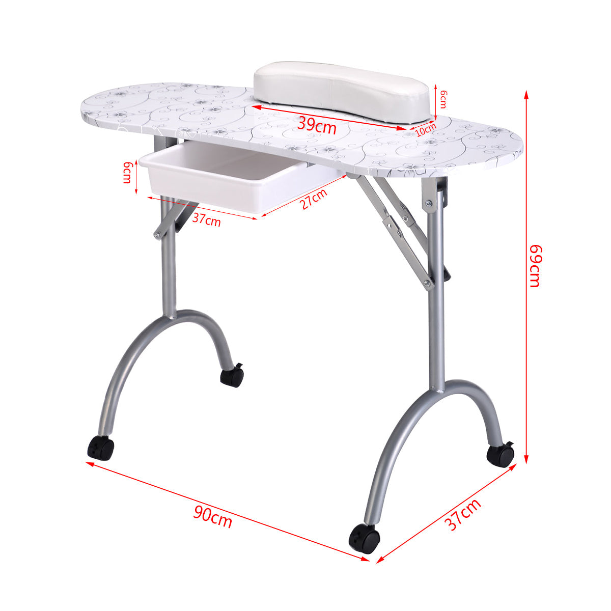 Portable Nail Table Station Manicure Tech Desk Nails Art Table 4 Rolling Wheels-Black