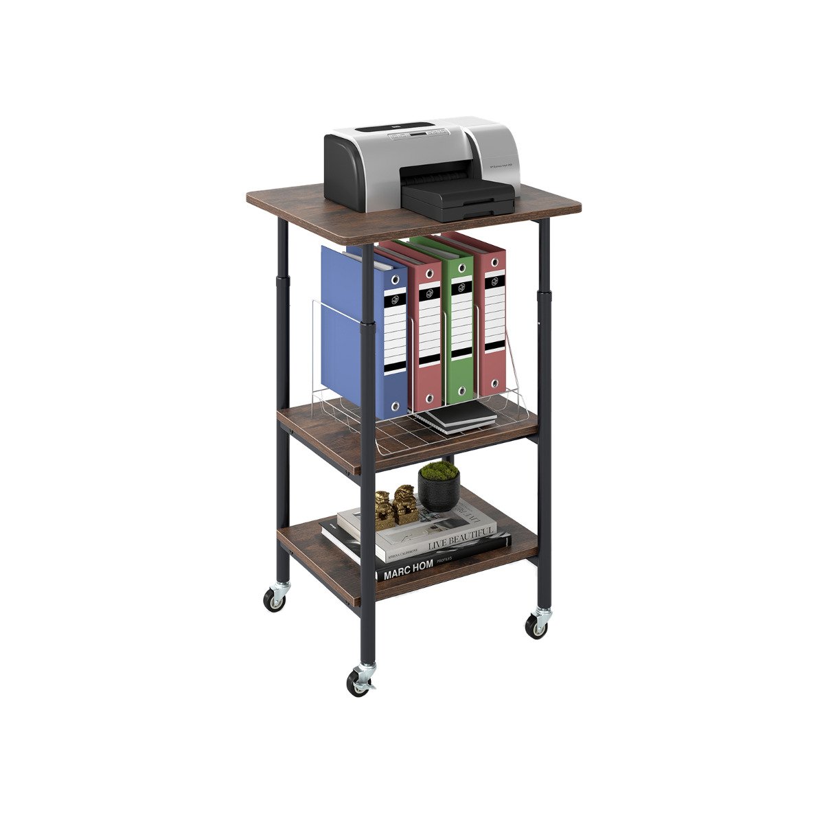 Height Adjustable Printer Stand with Storage Shelves and Locking Wheels-Rustic Brown