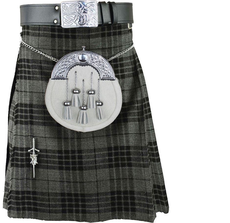 Highland Grey Scottish Men's Kilt Outfit Set Sporran, Chain,  Belt, Buckle,