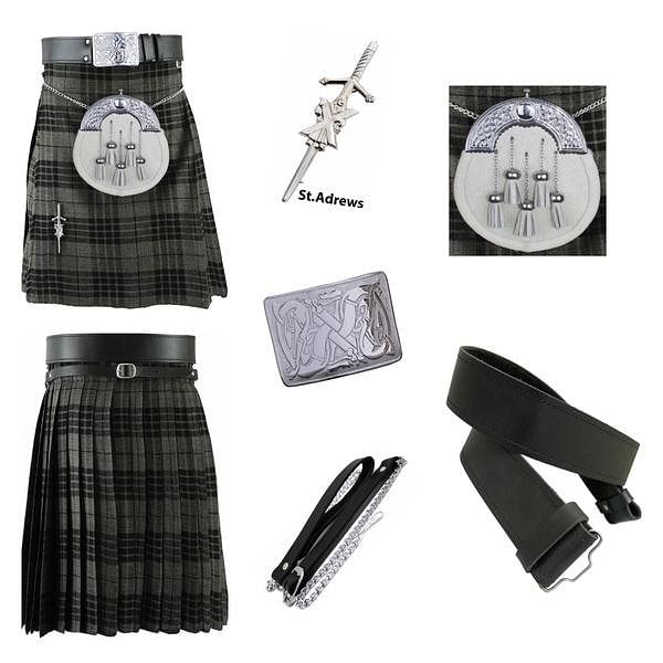 Highland Grey Scottish Men's Kilt Outfit Set White Sporran, Chain,  Belt, Buckle,