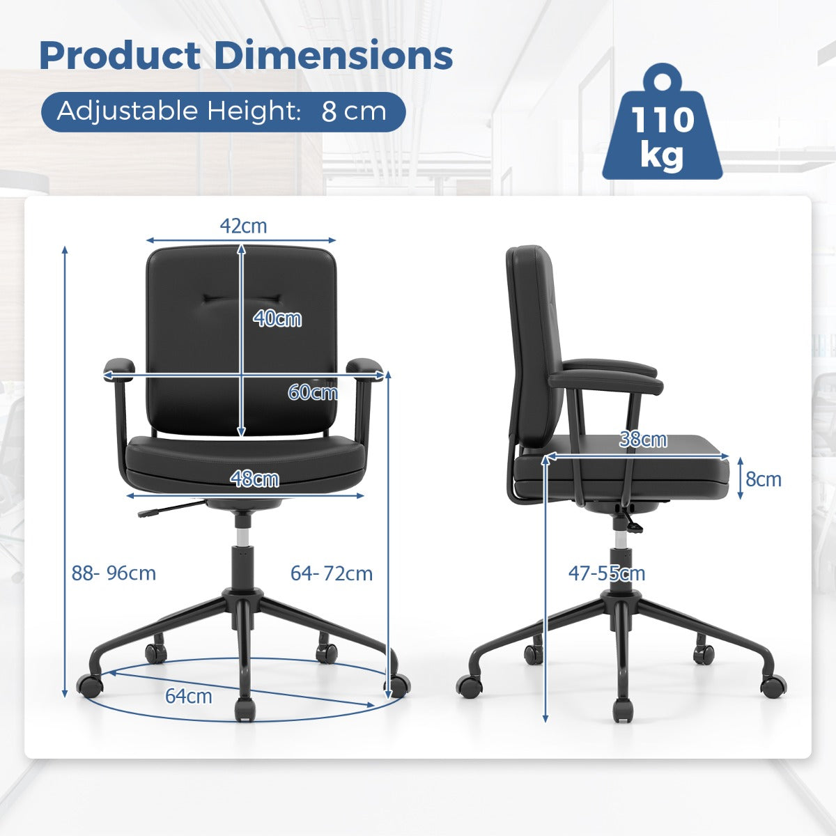 Home Office Small Desk Chair with Adjustable Height Wheels-Black
