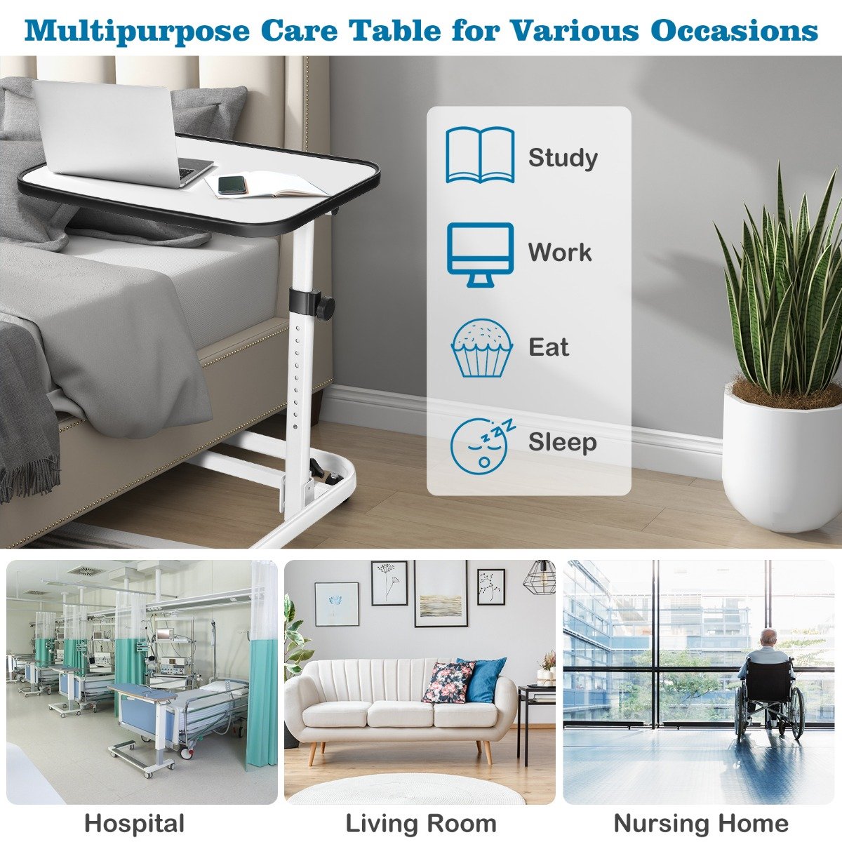 Portable Bedside Table with 9 Level Adjustable Height-Natural