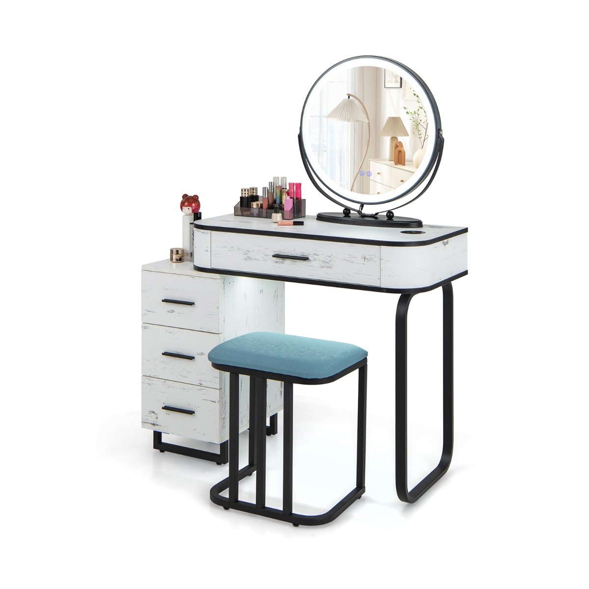 Vanity Table and Stool Set with 3-Color Touch Screen Lighted Swivel Mirror-Brown