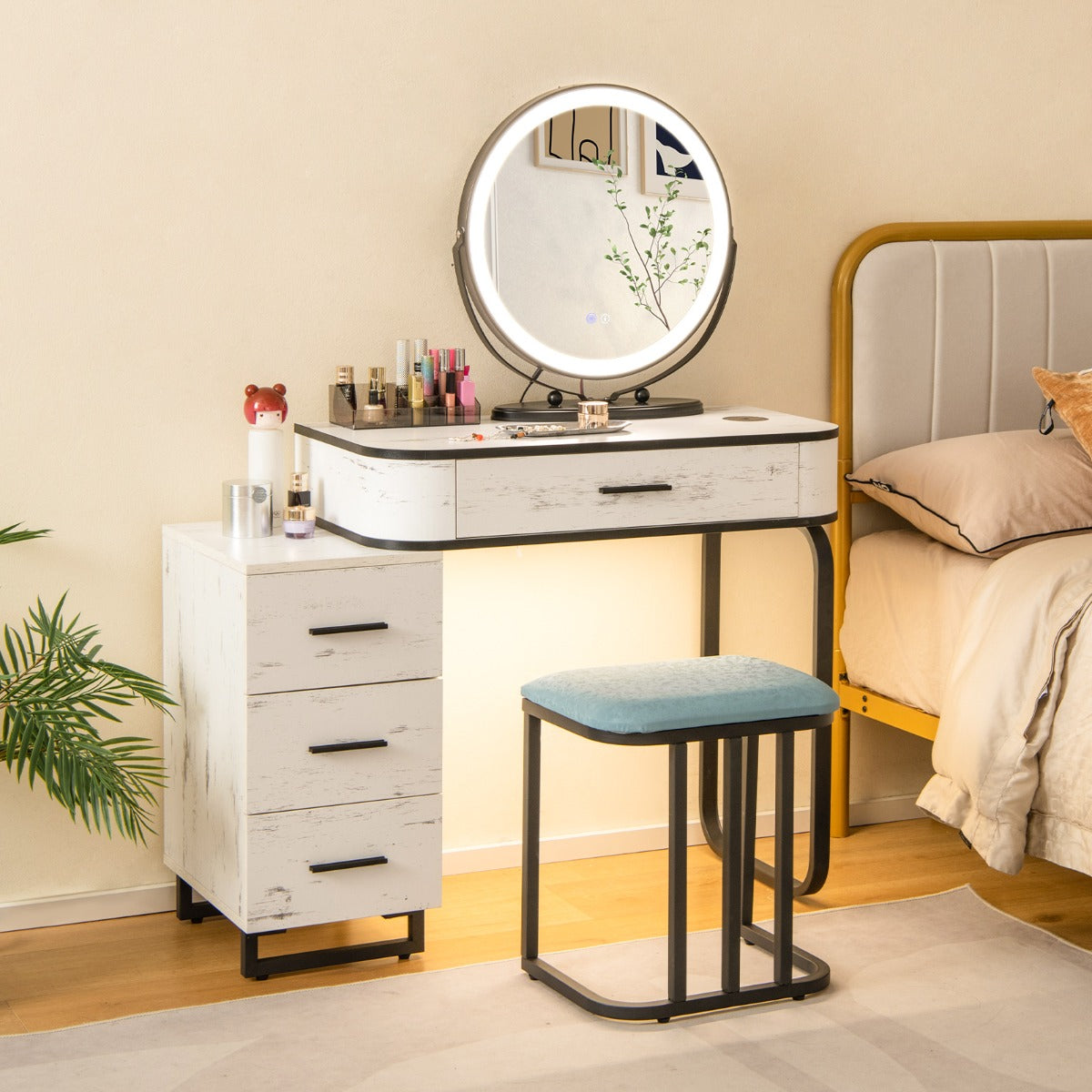 Vanity Table and Stool Set with 3-Color Touch Screen Lighted Swivel Mirror-Brown