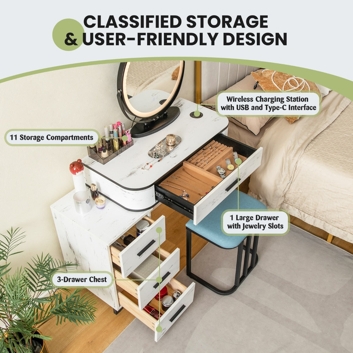 Vanity Table and Stool Set with 3-Color Touch Screen Lighted Swivel Mirror-Brown