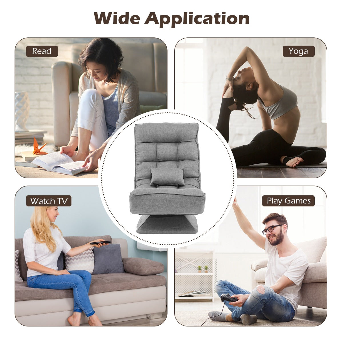 4-Position Adjustable Floor Chair with Swivel Base-Black