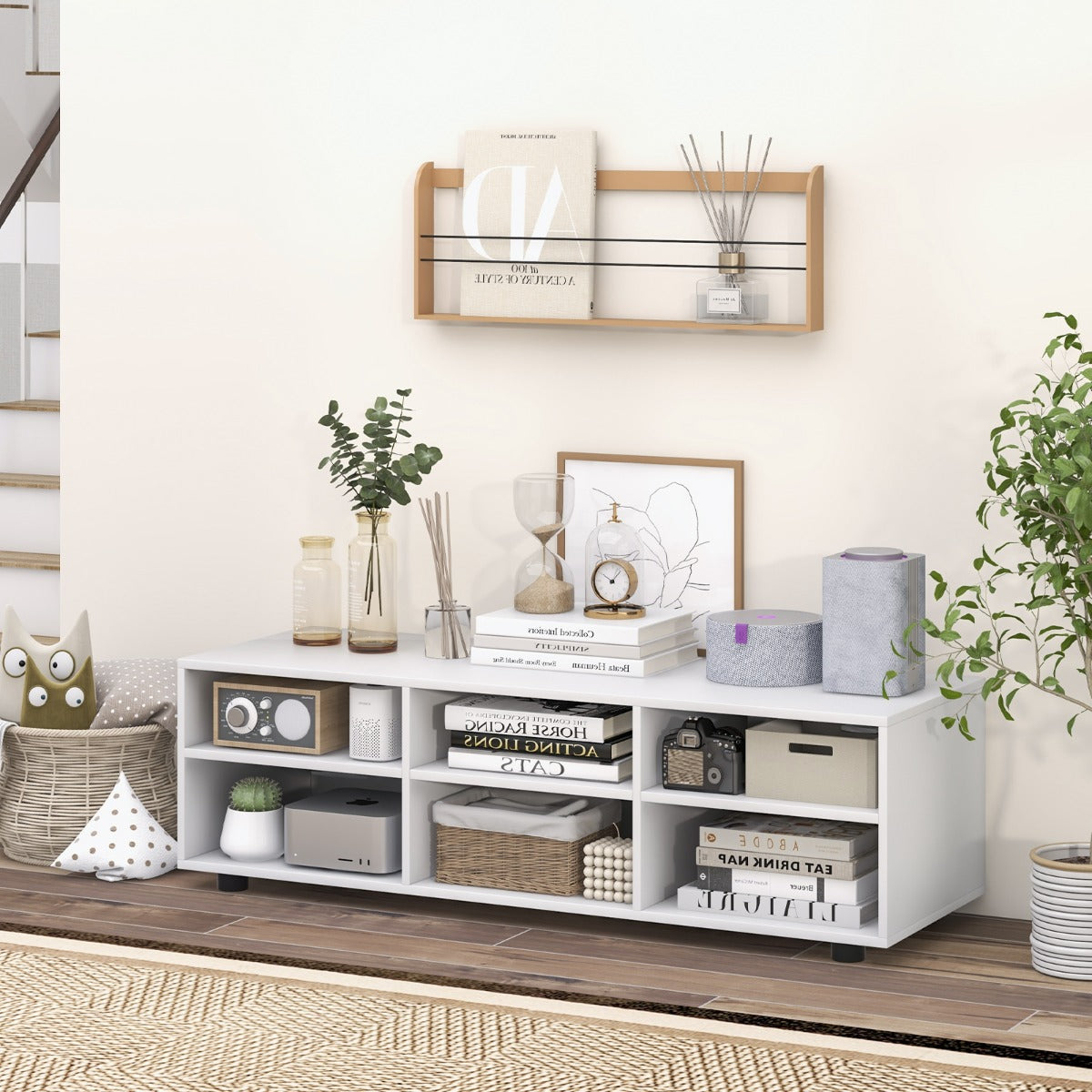 6-Cubby TV Stand TV Console Table with Adjustable Shelves-Grey