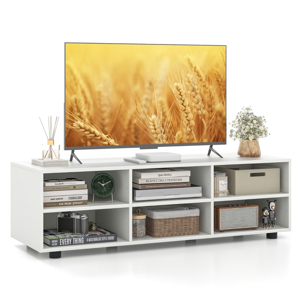 6-Cubby TV Stand TV Console Table with Adjustable Shelves-Grey