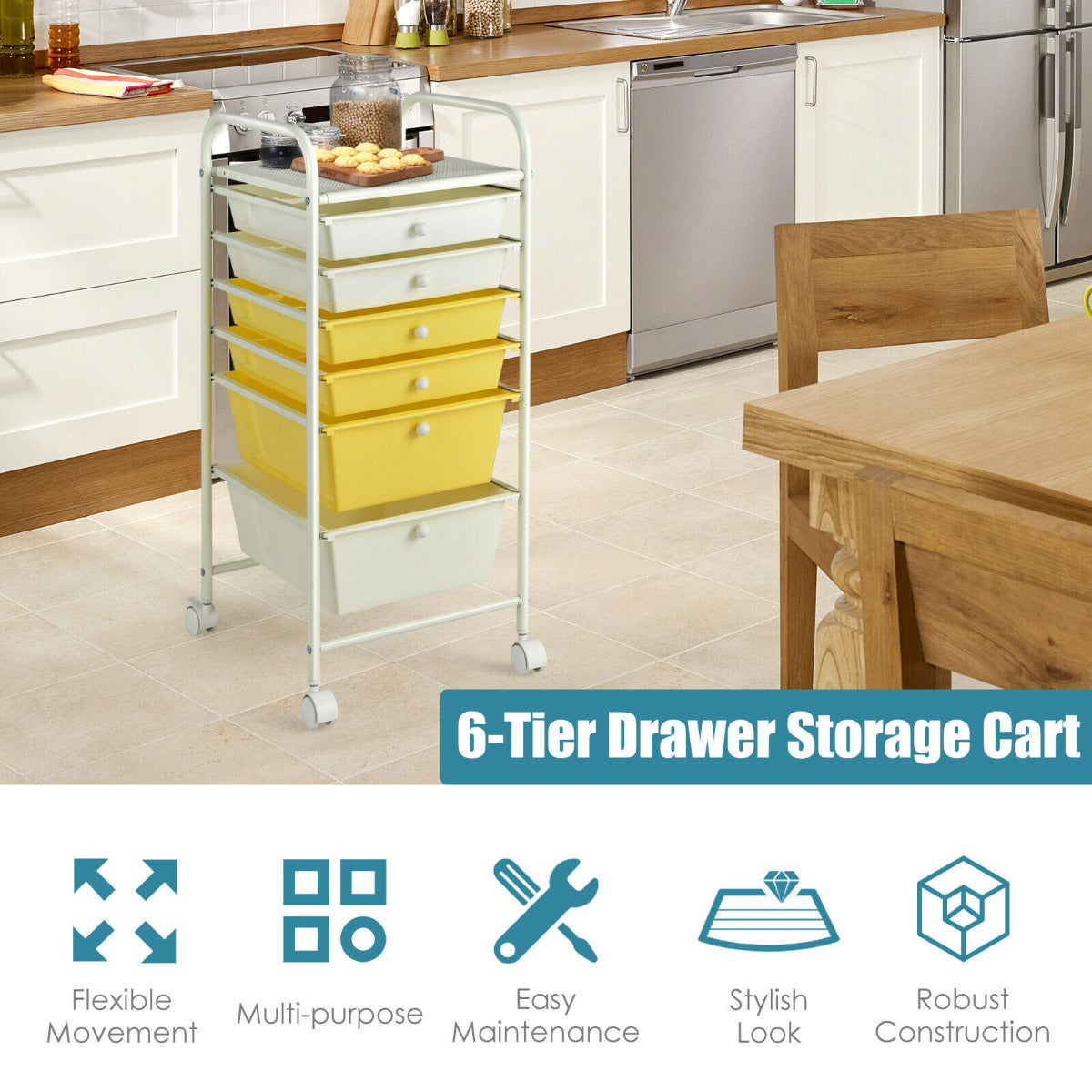 6 Drawers Storage Trolley with 4 Wheels for Makeup Beauty Salon-Colourful