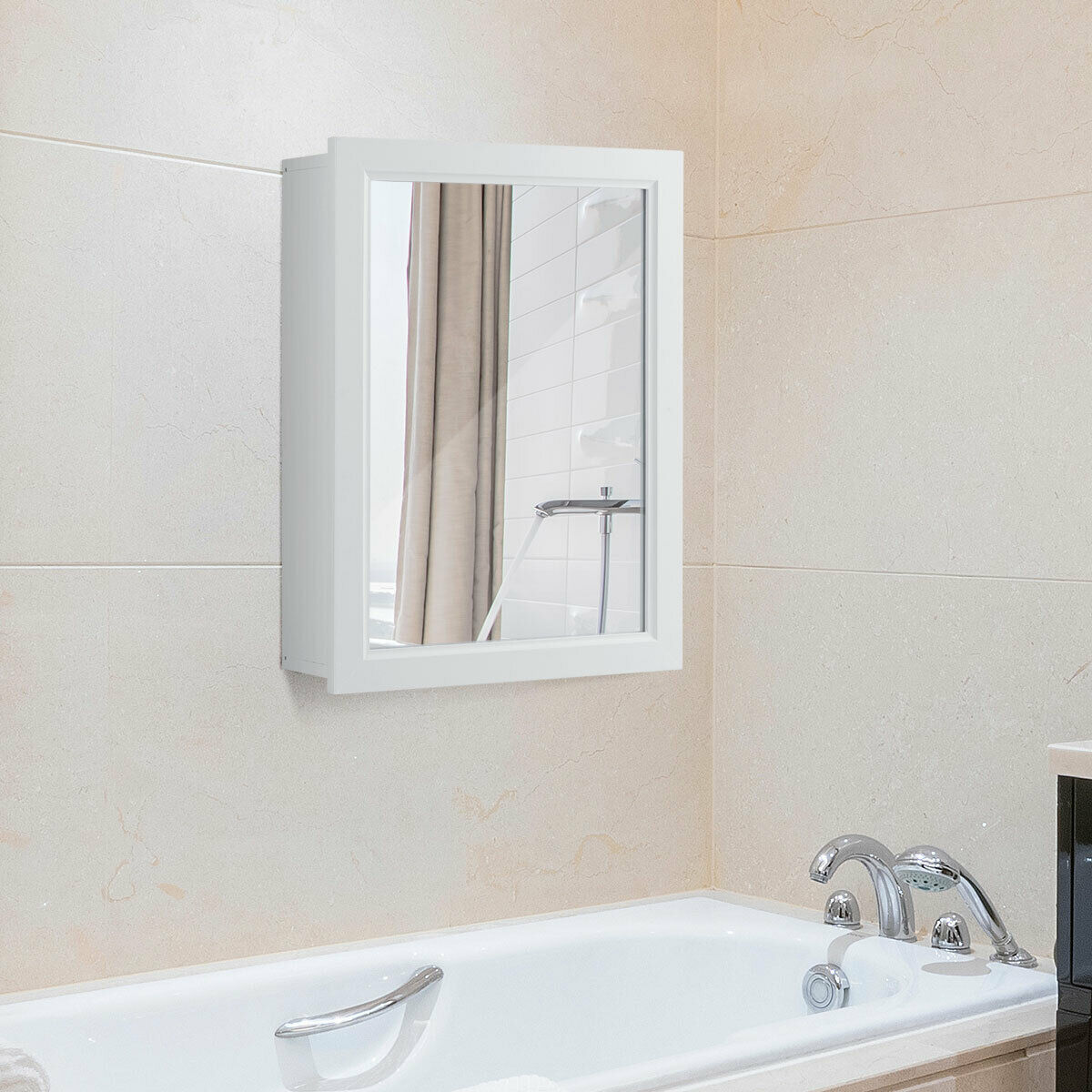 Adjustable Wall Mounted Storage Cupboard with Mirror for Bathroom-White