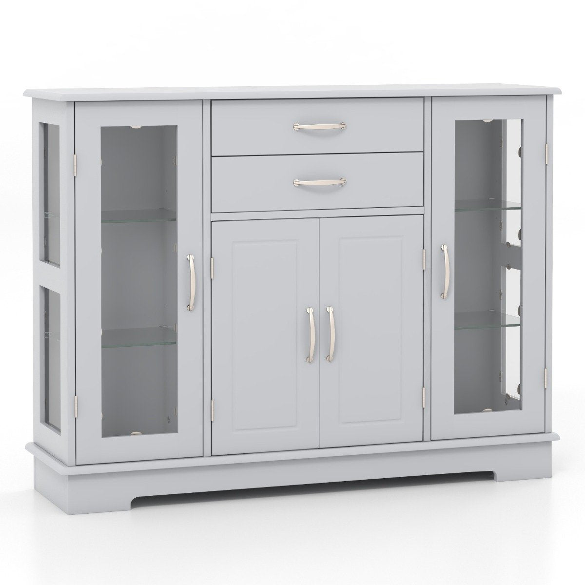 Wooden Buffet Sideboard with Adjustable Shelves and 2 Glass Doors-White