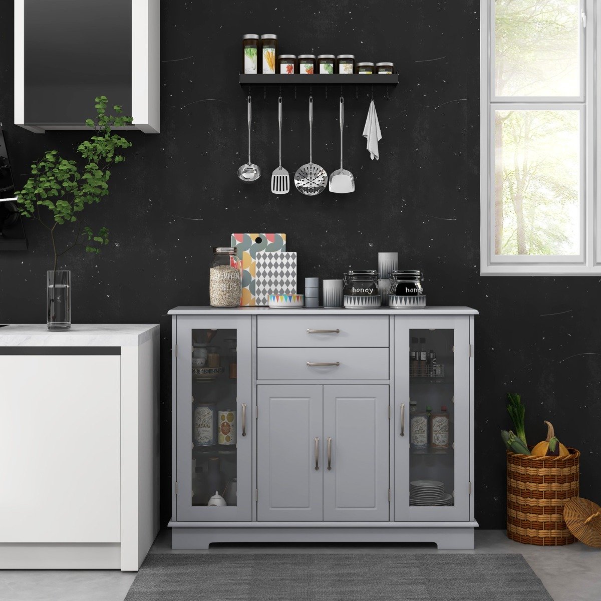 Wooden Buffet Sideboard with Adjustable Shelves and 2 Glass Doors-White