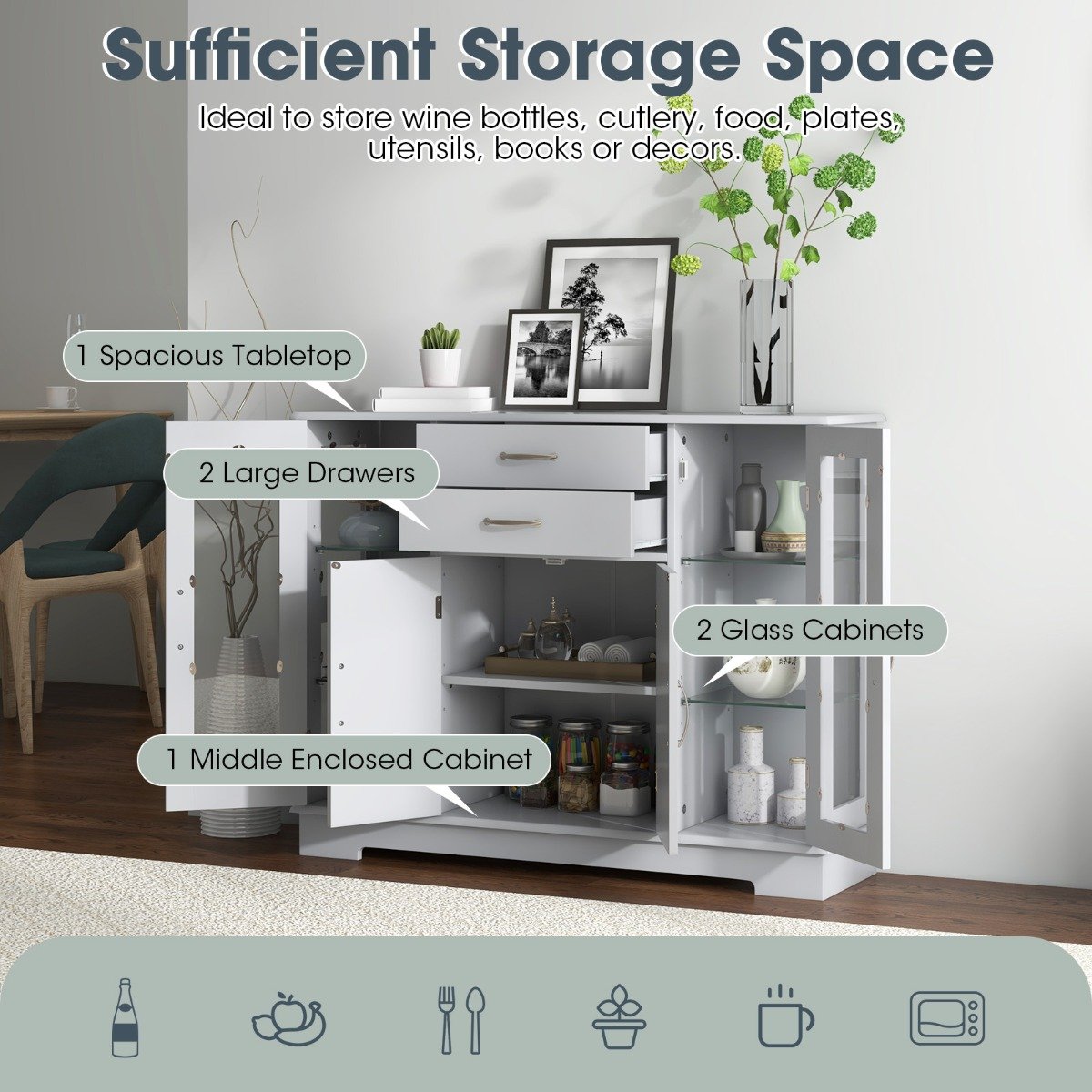 Wooden Buffet Sideboard with Adjustable Shelves and 2 Glass Doors-White