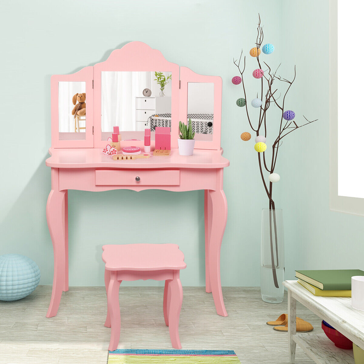 Kids Wooden Vanity Table and Stool Set with Detachable Top Folding Mirrors-Pink