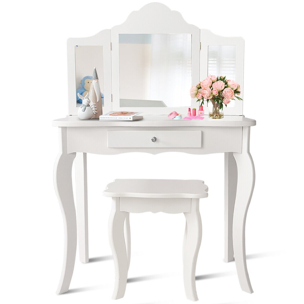 Kids Wooden Vanity Table and Stool Set with Detachable Top Folding Mirrors-Pink