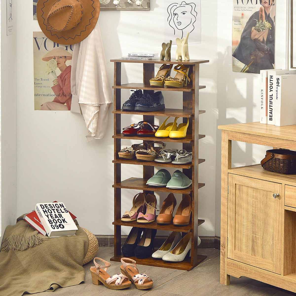 Extra Wide Wooden Vertical Shoe Rack with 7 Shelves-Black