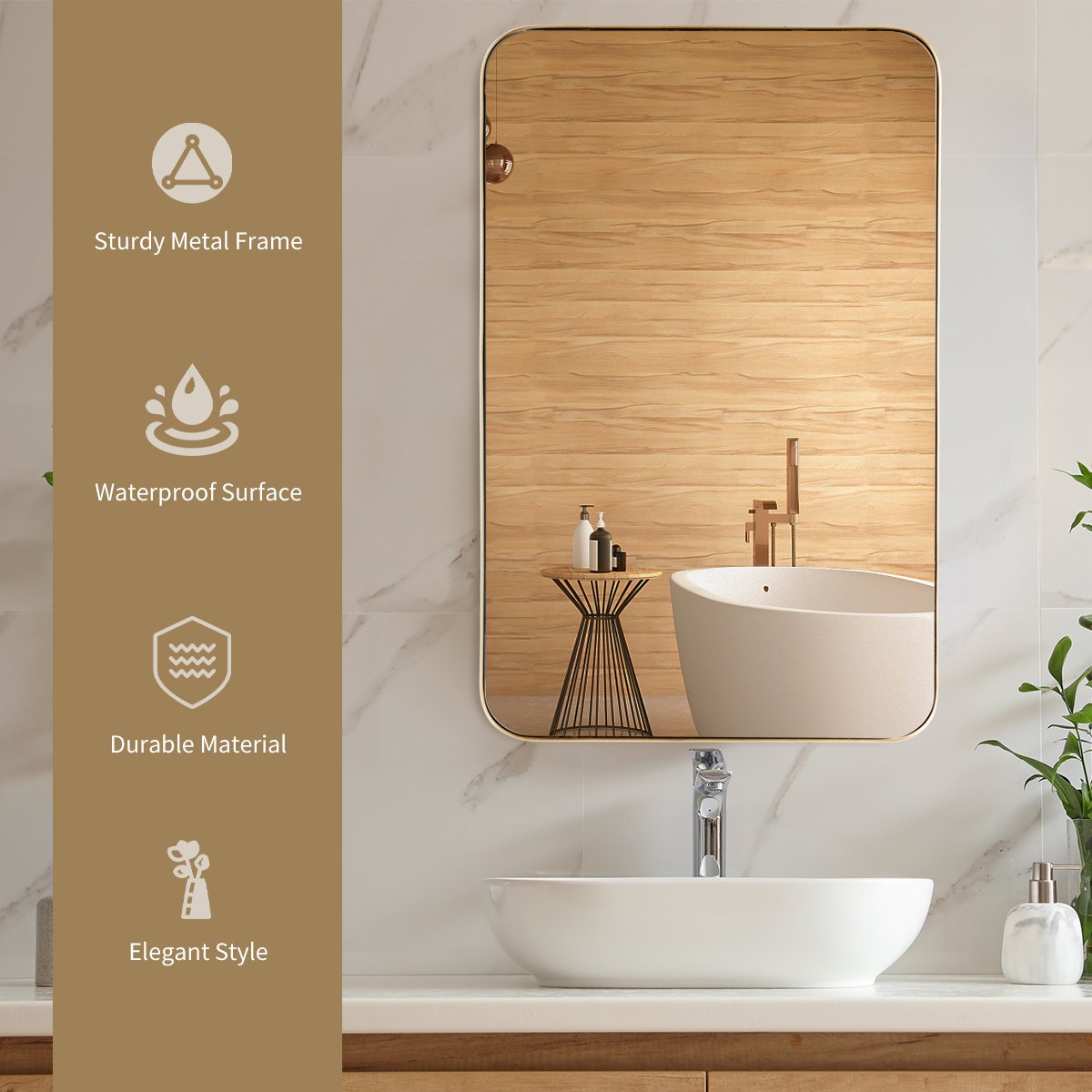 Bathroom Wall Mirror with Rounded Corner for Washroom-Black