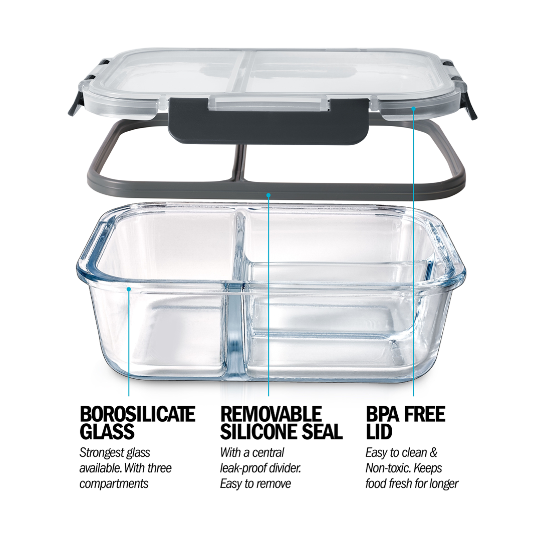 Igluu 3-Compartment Glass Meal Prep Containers with Airtight Lids — 980ml | Pack of 3