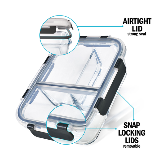 Igluu 3-Compartment Glass Meal Prep Containers with Airtight Lids — 980ml | Pack of 3