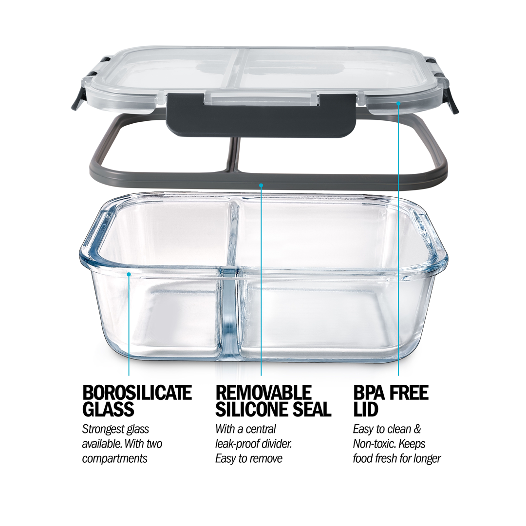 Igluu 2-Compartment Glass Meal Prep Containers | 980ml | Airtight & Oven Safe | 3 Pack