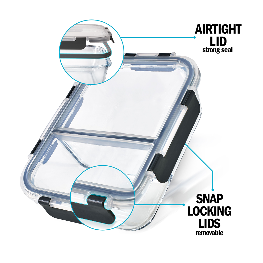 Igluu 2-Compartment Glass Meal Prep Containers | 980ml | Airtight & Oven Safe | 3 Pack
