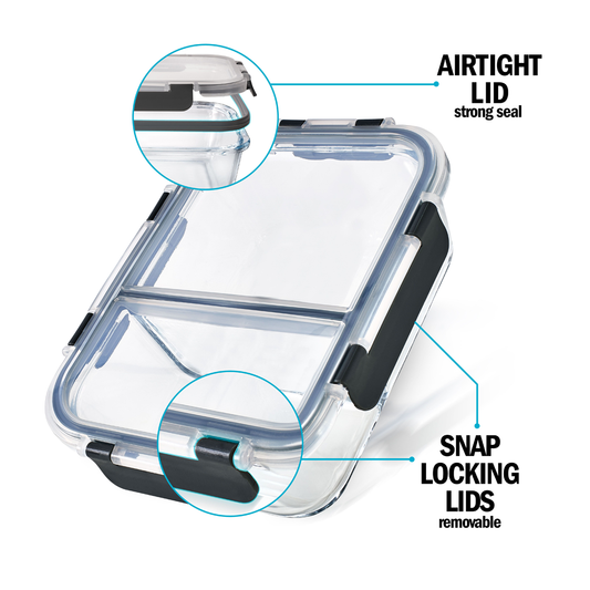 Igluu 2-Compartment Glass Meal Prep Containers | 980ml | Airtight & Oven Safe | 3 Pack