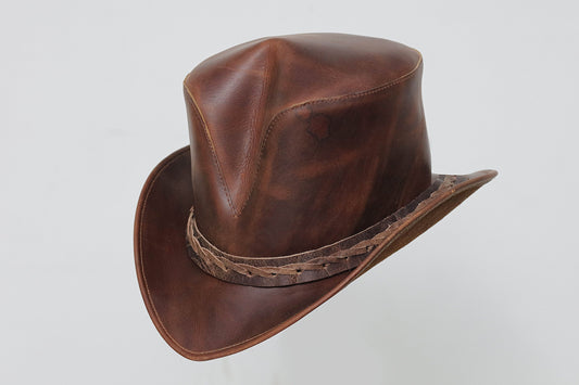 Distressed Brown Leather Top Hat | Handmade Steampunk Hat with V-Shaped Braided Band